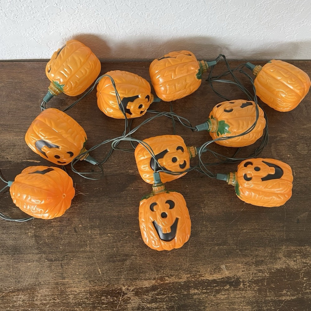 VTG Halloween Jack O‎ Lantern Pumpkin String Lights Blow Mold Set Of 10 TESTED